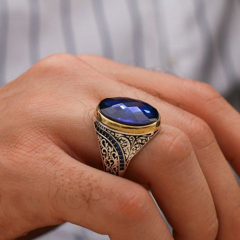 Turkish Handmade Royal Blue ish Agate Golden Luxury Aqeeq Ring