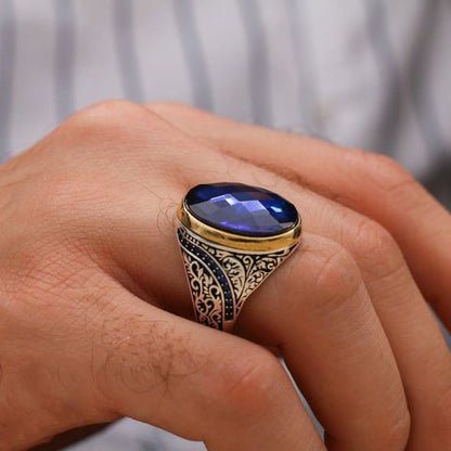 Turkish Handmade Royal Blue ish Agate Golden Luxury Aqeeq Ring