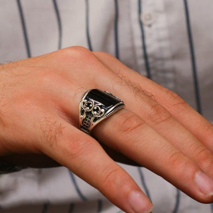 Turkish Handmade Black Agate Silver Luxury Aqeeq Ring