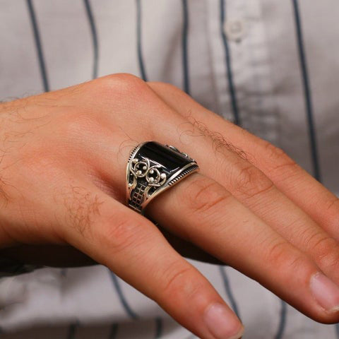 Turkish Handmade Black Agate Silver Luxury Aqeeq Ring