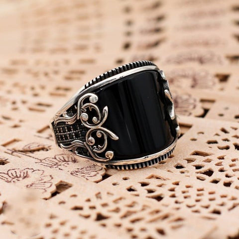 Turkish Handmade Black Agate Silver Luxury Aqeeq Ring