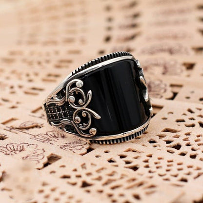Turkish Handmade Black Agate Silver Luxury Aqeeq Ring