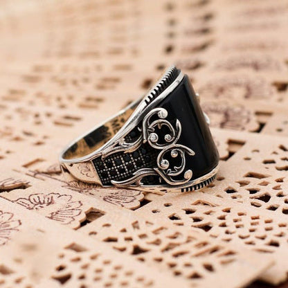 Turkish Handmade Black Agate Silver Luxury Aqeeq Ring