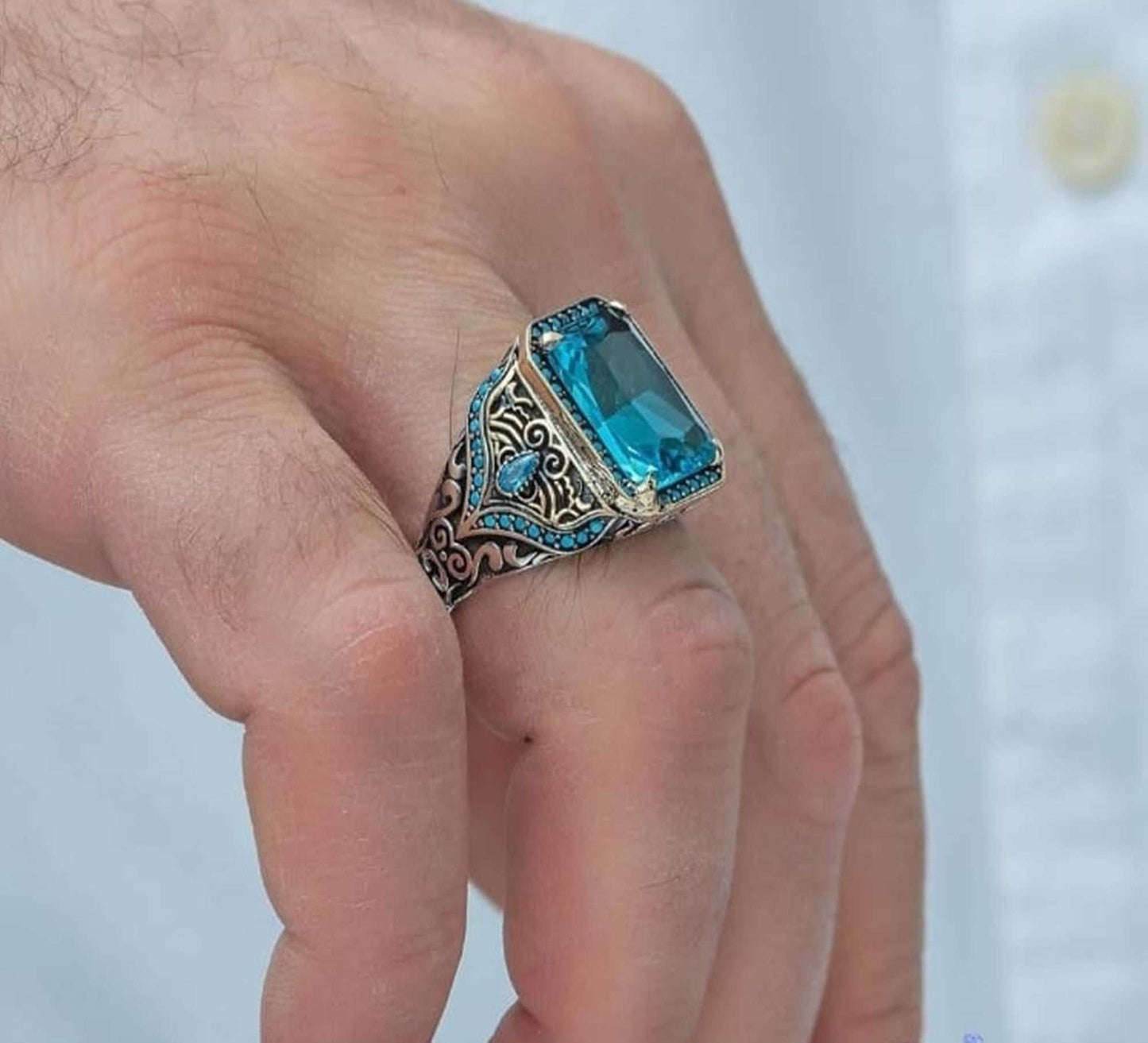 Aquamarine Silver Men Ring, Turkish Stone Ring Special Design
