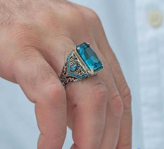 Aquamarine Silver Men Ring, Turkish Stone Ring Special Design