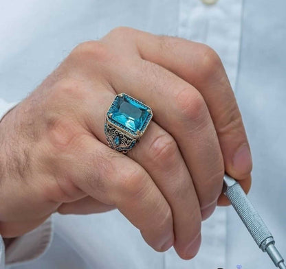 Aquamarine Silver Men Ring, Turkish Stone Ring Special Design