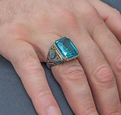 Aquamarine Silver Men Ring, Turkish Stone Ring Special Design