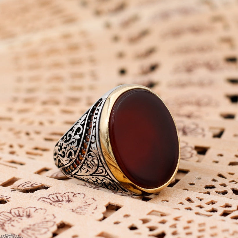 Turkish Handmade Red Agate Golden Luxury Aqeeq Ring