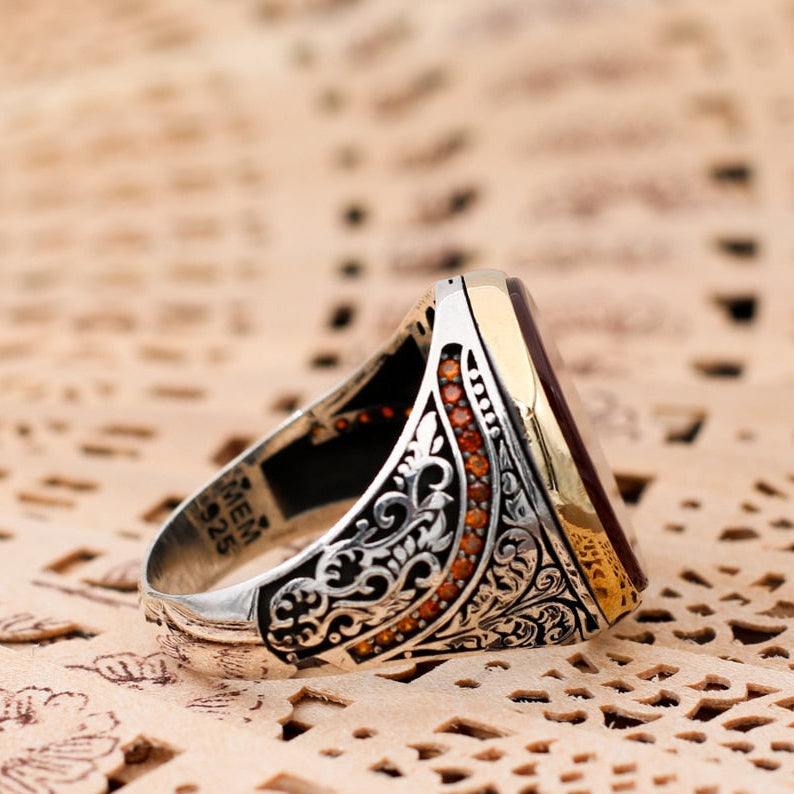 Turkish Handmade Red Agate Golden Luxury Aqeeq Ring