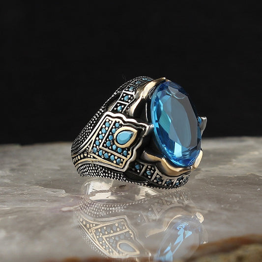 Turkish Aquamarine Stone Men's Ring Handmade Special Design