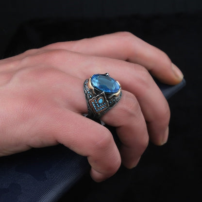 Turkish Aquamarine Stone Men's Ring Handmade Special Design