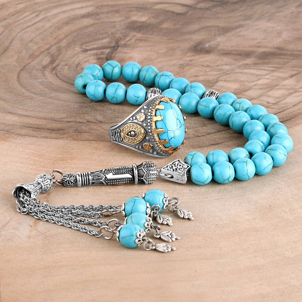 Turkish Turquoise Stone Men's Silver Ring With Tasbih
