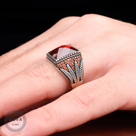 Turkish Red Zircon Men's Ring Handmade Exclusive Design