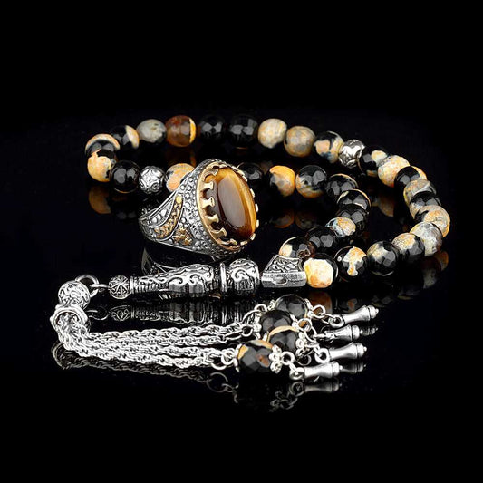 Agate (Aqeeq) Ring, Islamic Stone Silver Men Ring With Tasbih
