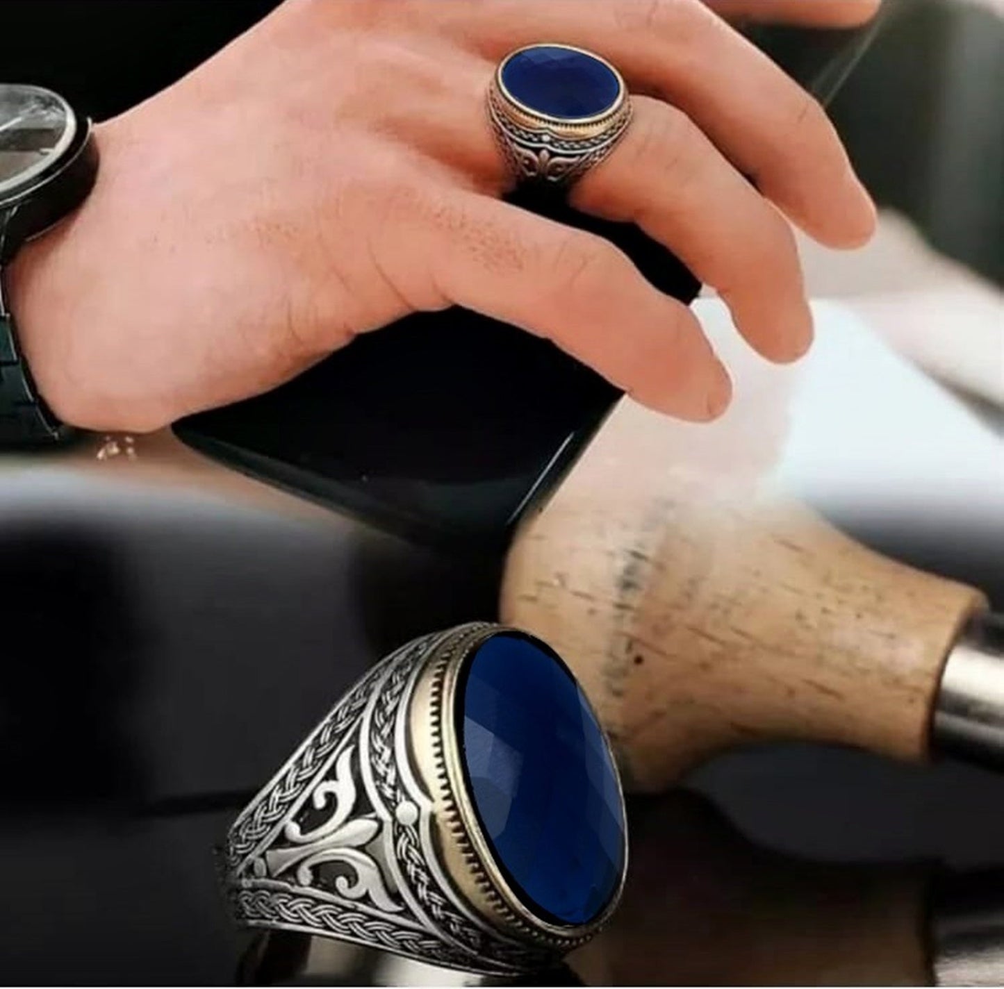 Turkish Sapphire Stone Men's Ring Handmade Special Design