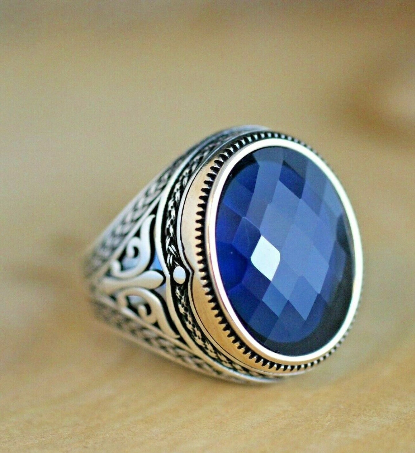 Turkish Sapphire Stone Men's Ring Handmade Special Design