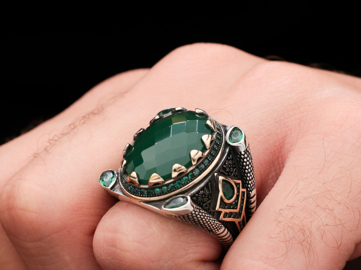 Turkish Handmade Royal Green Agate Silver Luxury Aqeeq Ring