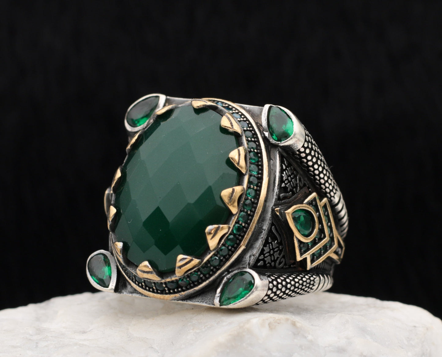 Turkish Handmade Royal Green Agate Silver Luxury Aqeeq Ring