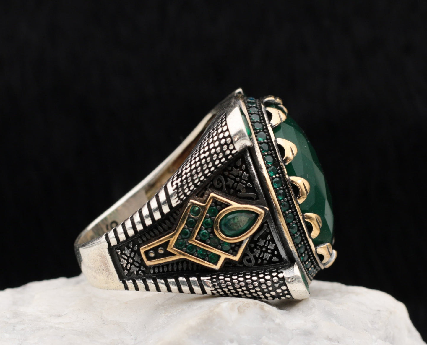 Turkish Handmade Royal Green Agate Silver Luxury Aqeeq Ring
