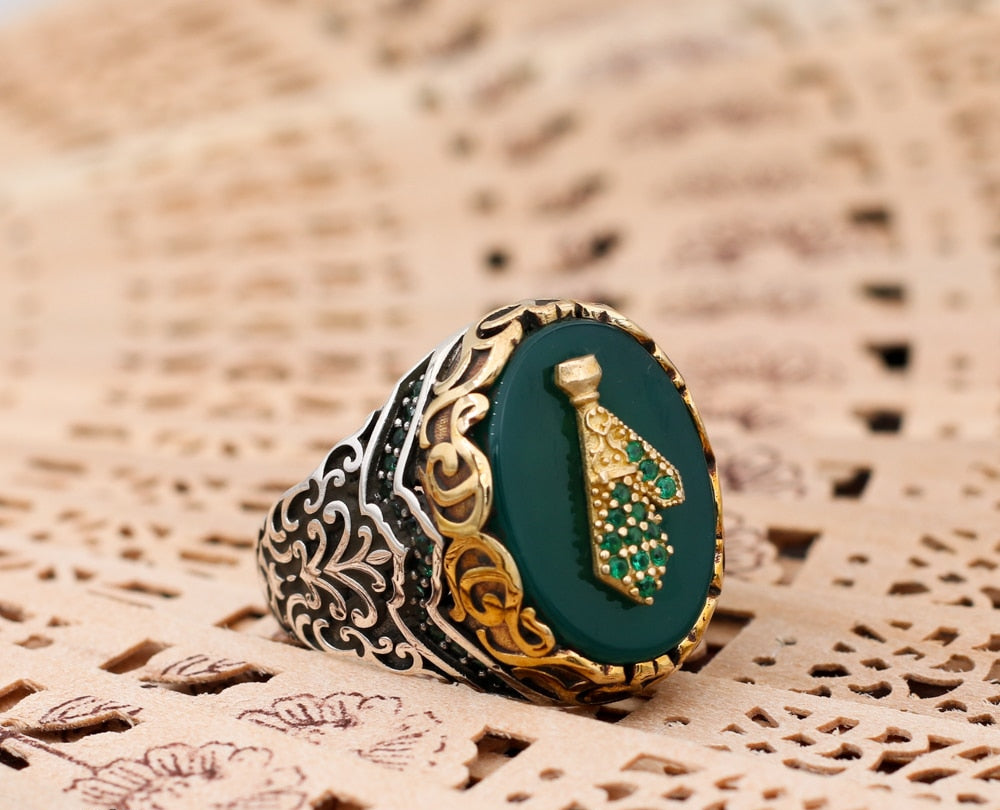 Turkish Handmade Royal Green Agate Golden Luxury Aqeeq Ring