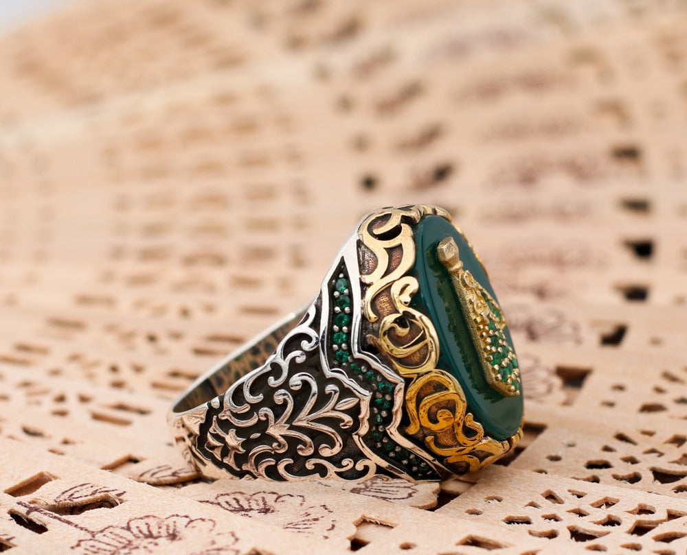 Turkish Handmade Royal Green Agate Golden Luxury Aqeeq Ring