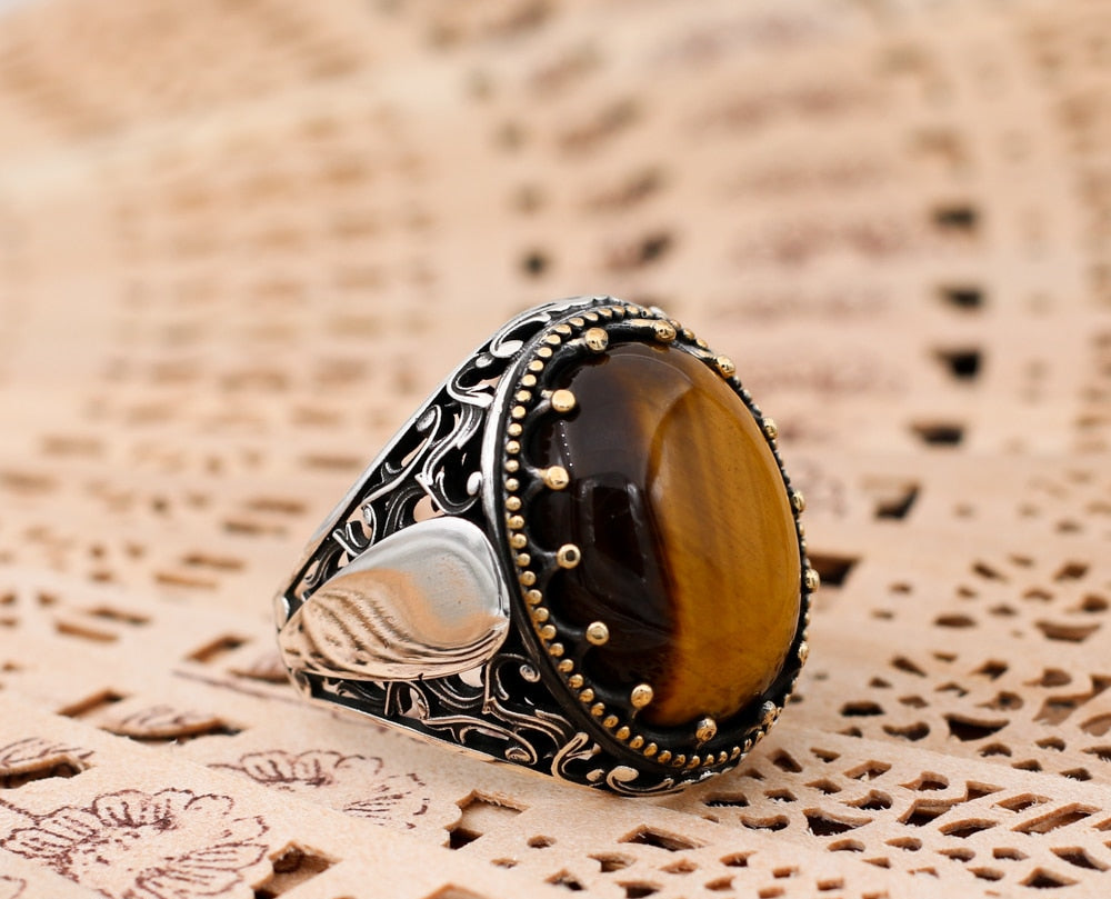 Turkish Tiger Eye Stone Mens Ring Handmade Premium Design