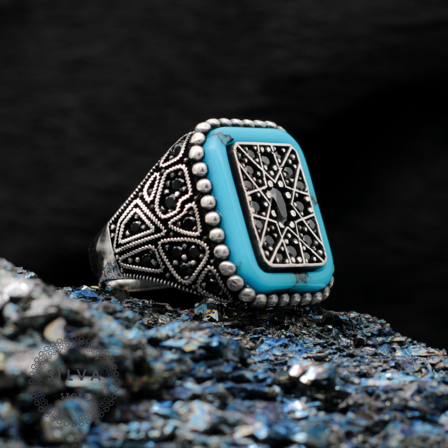 Turkish Black Zircon and With Turquoise Stone Handmade Exclusive Design Ring