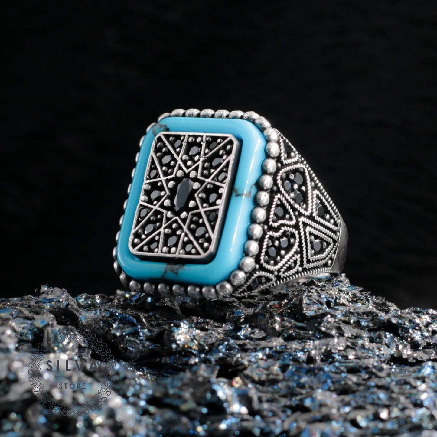 Turkish Black Zircon and With Turquoise Stone Handmade Exclusive Design Ring