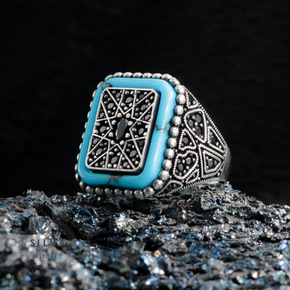 Turkish Black Zircon and With Turquoise Stone Handmade Exclusive Design Ring