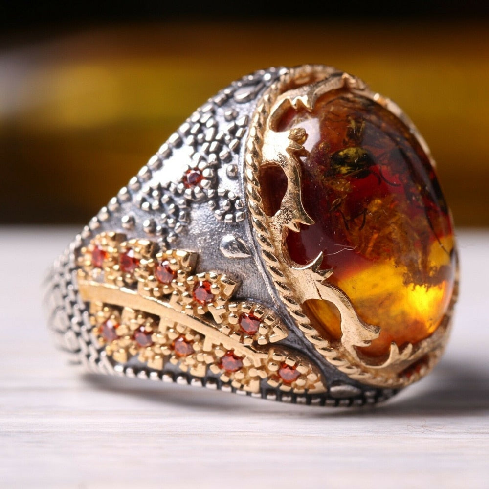 Turkish Fossil Amber Stone Ring Limited Edition Design