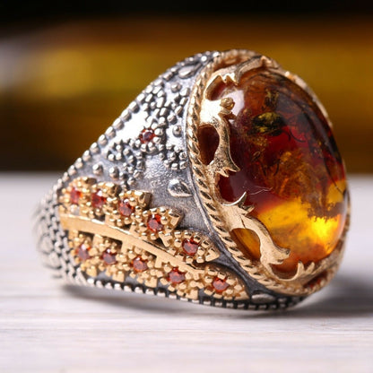Turkish Fossil Amber Stone Ring Limited Edition Design