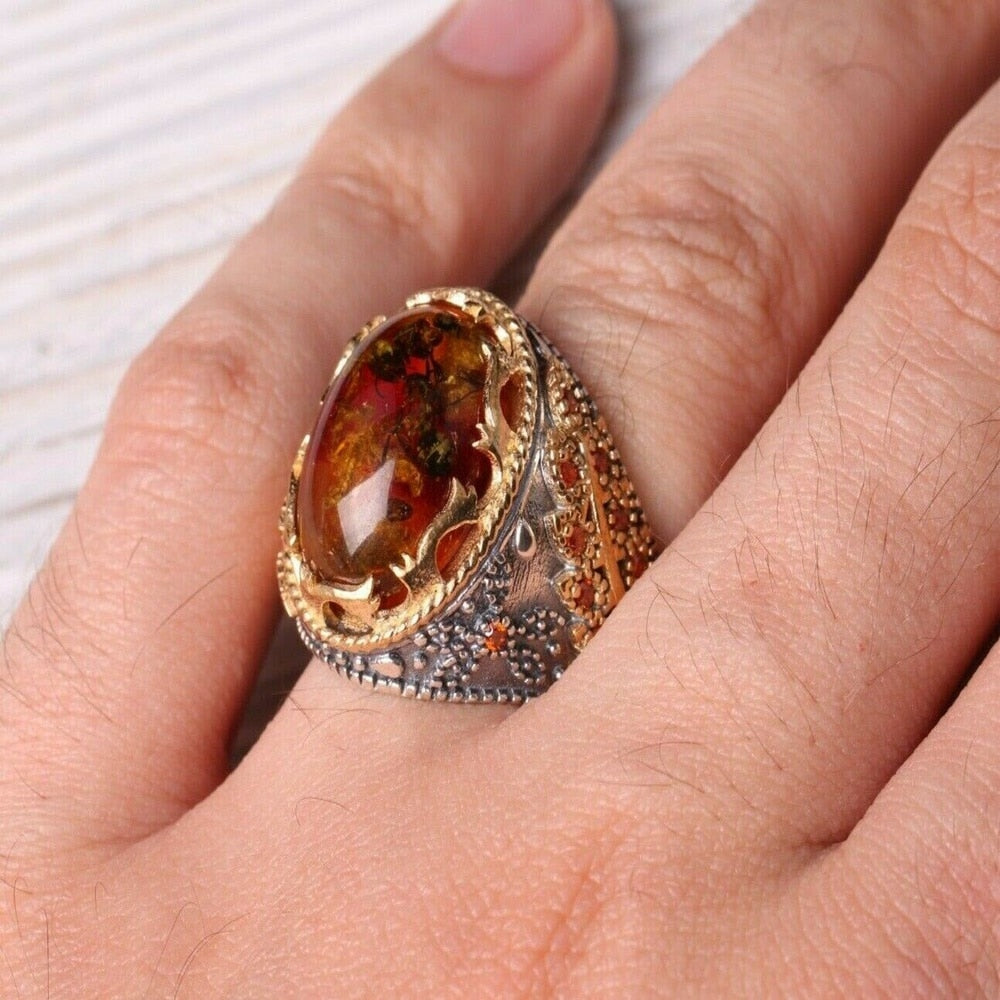 Turkish Fossil Amber Stone Ring Limited Edition Design
