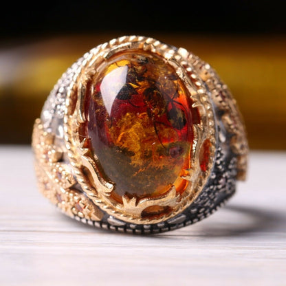 Turkish Fossil Amber Stone Ring Limited Edition Design
