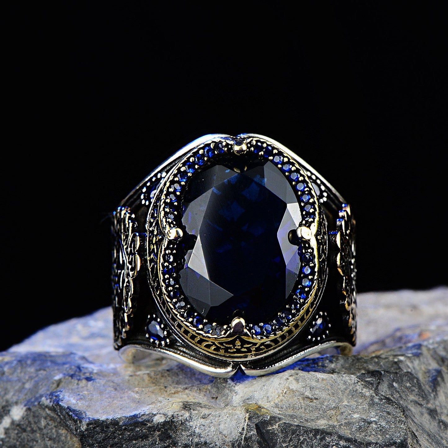 Turkish Blue Zircon Embroidered Ottoman Style Limited Edition Ring