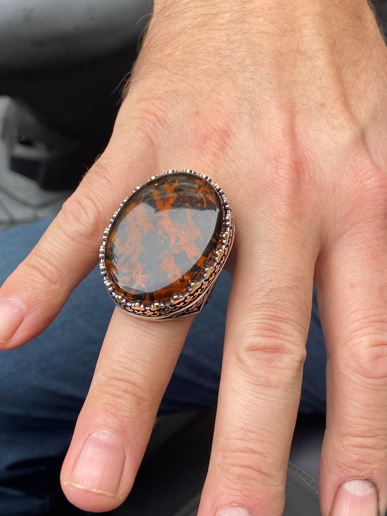 Turkish Baltic Amber Big Stone Handmade Men's Ring