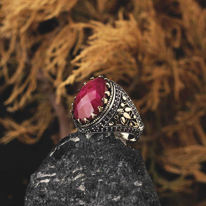 Red Ruby Ring Men, Turkish Ruby Ring Handmade Exclusive Design