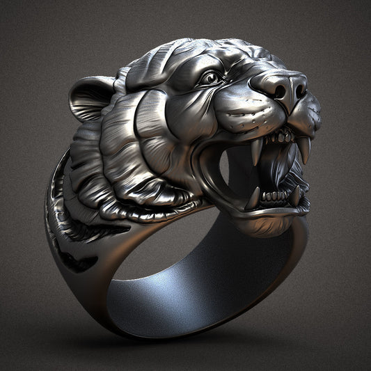 Zyan Gems | Unique Designed Tiger Face Ring |  Sterling Silver Oxidized Ring