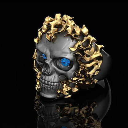Zyan Gems | Unique Designed Burning Head Skull Ring |  Sterling Silver Black Rhodium & Gold Plated Ring