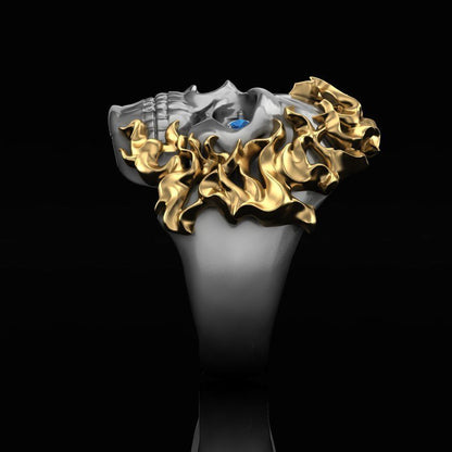 Zyan Gems | Unique Designed Burning Head Skull Ring |  Sterling Silver Black Rhodium & Gold Plated Ring
