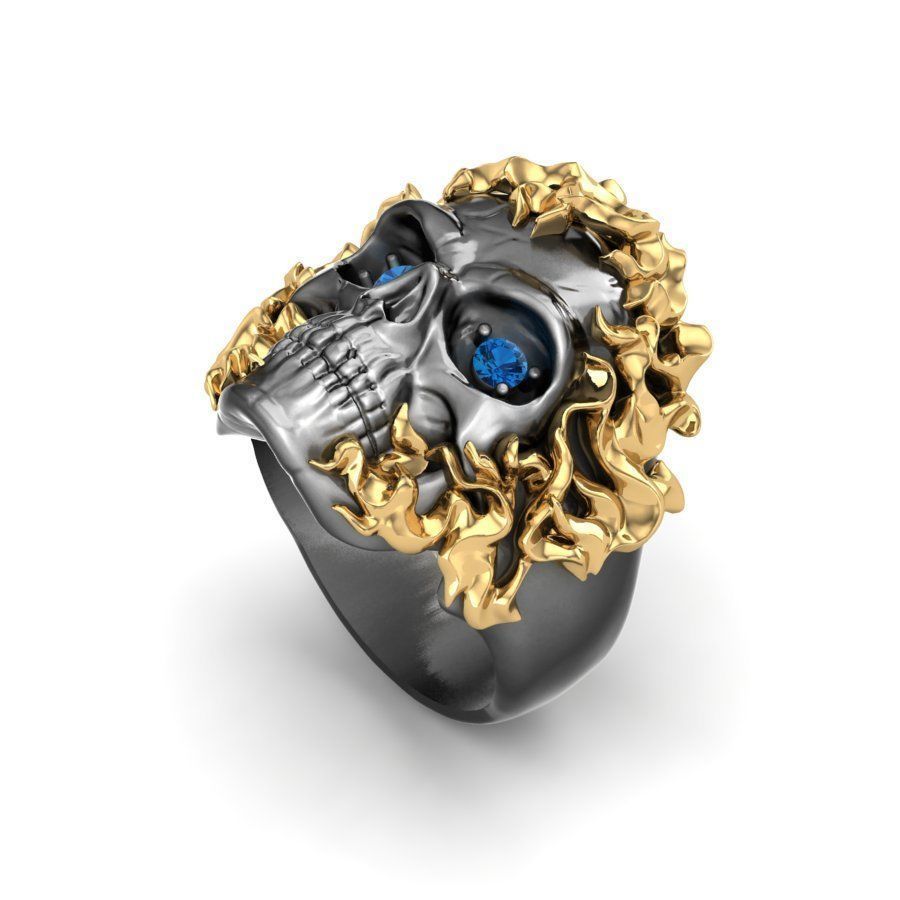 Zyan Gems | Unique Designed Burning Head Skull Ring |  Sterling Silver Black Rhodium & Gold Plated Ring