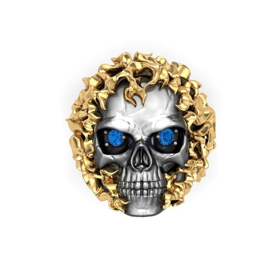 Zyan Gems | Unique Designed Burning Head Skull Ring |  Sterling Silver Black Rhodium & Gold Plated Ring
