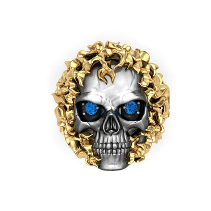 Zyan Gems | Unique Designed Burning Head Skull Ring |  Sterling Silver Black Rhodium & Gold Plated Ring