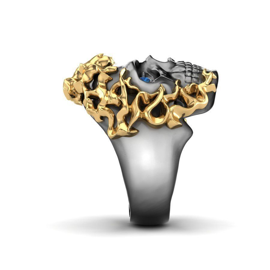 Zyan Gems | Unique Designed Burning Head Skull Ring |  Sterling Silver Black Rhodium & Gold Plated Ring