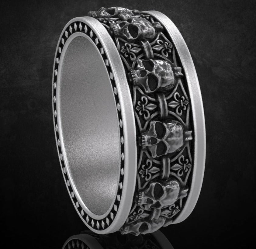 Zyan Gems | Unique Designed Band Ring Skull & Fleur De Lis |  Sterling Silver Oxidized Ring