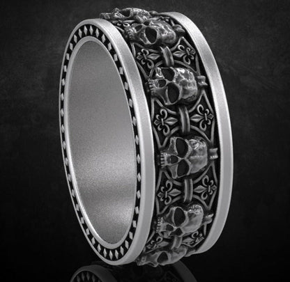 Zyan Gems | Unique Designed Band Ring Skull & Fleur De Lis |  Sterling Silver Oxidized Ring
