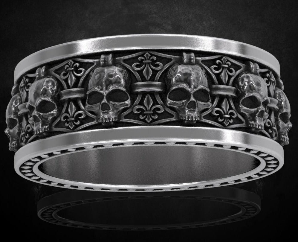 Zyan Gems | Unique Designed Band Ring Skull & Fleur De Lis |  Sterling Silver Oxidized Ring