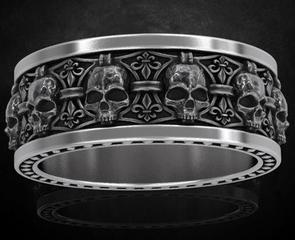 Zyan Gems | Unique Designed Band Ring Skull & Fleur De Lis |  Sterling Silver Oxidized Ring