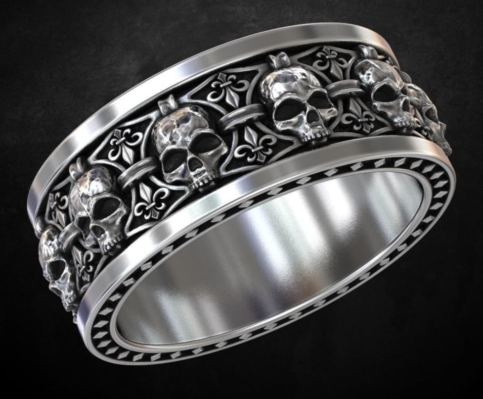 Zyan Gems | Unique Designed Band Ring Skull & Fleur De Lis |  Sterling Silver Oxidized Ring