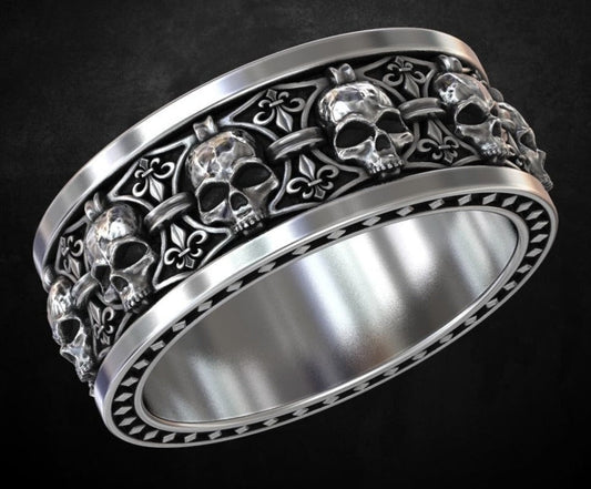 Zyan Gems | Unique Designed Band Ring Skull & Fleur De Lis |  Sterling Silver Oxidized Ring