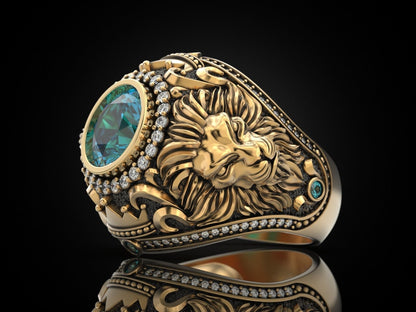 Zyan Gems | Unique Designed 22k Gold plated Double Faced Lion Ring with Green Zircon Stone |  Sterling Silver Oxidized Ring